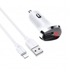 Автомобільний зарядний пристрій Borofone BZ15 2 USB 2.4A Lightning з дисплеєм біле