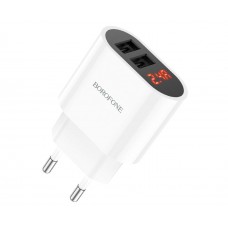 Мережевий зарядний пристрій Borofone BA63A 2 USB з білим дисплеєм
