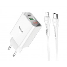Мережевий зарядний пристрій Hoco C100A USB/ Type-C QC PD з дисплеєм білий + кабель Type-C to Lightning