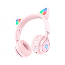 Беспроводные наушники Hoco W39 Cat Ear накладные с ушками и LED подсветкой pink