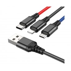 Кабель Hoco X76 3в1 USB to Lightning/ Type-C/ MicroUSB 1m black red blue