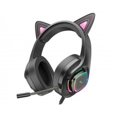 Навушники провідні повнорозмірні Hoco W107 Сat ear ігрові з мікрофоном та підсвічуванням рожеві