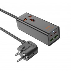 Мережевий зарядний пристрій подовжувач Hoco AC10A 2 USB/ 2 Type-C PD 65W 1 розетка 1.5m чорний