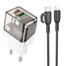 Сетевое зарядное устройство Borofone BA80A USB/ Type-C PD QC 20W прозрачно-черное + кабель Type-C to Lightning