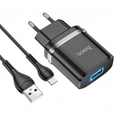 Мережевий зарядний пристрій Hoco N1 USB чорний + кабель USB to Lightning