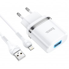 Мережевий зарядний пристрій Hoco N1 USB білий + кабель USB to Lightning