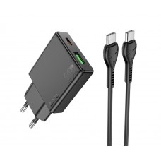 Мережевий зарядний пристрій Hoco N38 USB/ Type-C QC PD + кабель Type-C to Type-C чорний