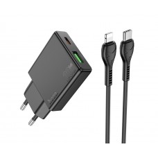 Мережевий зарядний пристрій Hoco N38 USB/ Type-C QC PD + кабель Type-C to Lightning чорний