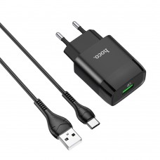 Мережевий зарядний пристрій Hoco C72Q USB QC + кабель USB to Type-C black