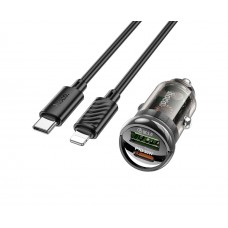 Автомобільний зарядний пристрій Hoco Z53A USB/ Type-C PD 30W QC transparent black + кабель Type-C to Lightning