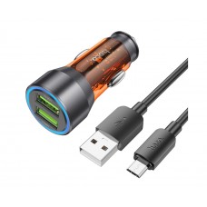 Автомобільний зарядний пристрій Hoco NZ12 2 USB QC 36W transparent orange + кабель USB to MicroUSB