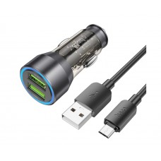 Автомобільний зарядний пристрій Hoco NZ12 2 USB QC 36W transparent black + кабель USB to MicroUSB