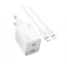 Мережевий зарядний пристрій Hoco N42 2 Type-C PD 45W white + кабель Type-C to Lightning