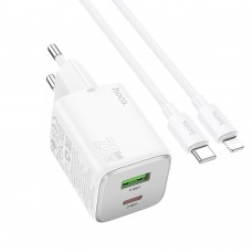 Мережевий зарядний пристрій Hoco N41 USB/ Type-C PD QC white + кабель Type-C to Lightning