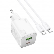 Мережевий зарядний пристрій Hoco N41 USB/ Type-C PD QC white + кабель Type-C to Type-C