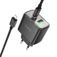 Мережевий зарядний пристрій Hoco CS42A USB/ Type-C PD 30W QC black + кабель Type-C to Lightning