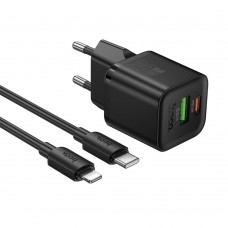 Мережевий зарядний пристрій Hoco N65 USB/ Type-C PD QC black + кабель Type-C to Lightning